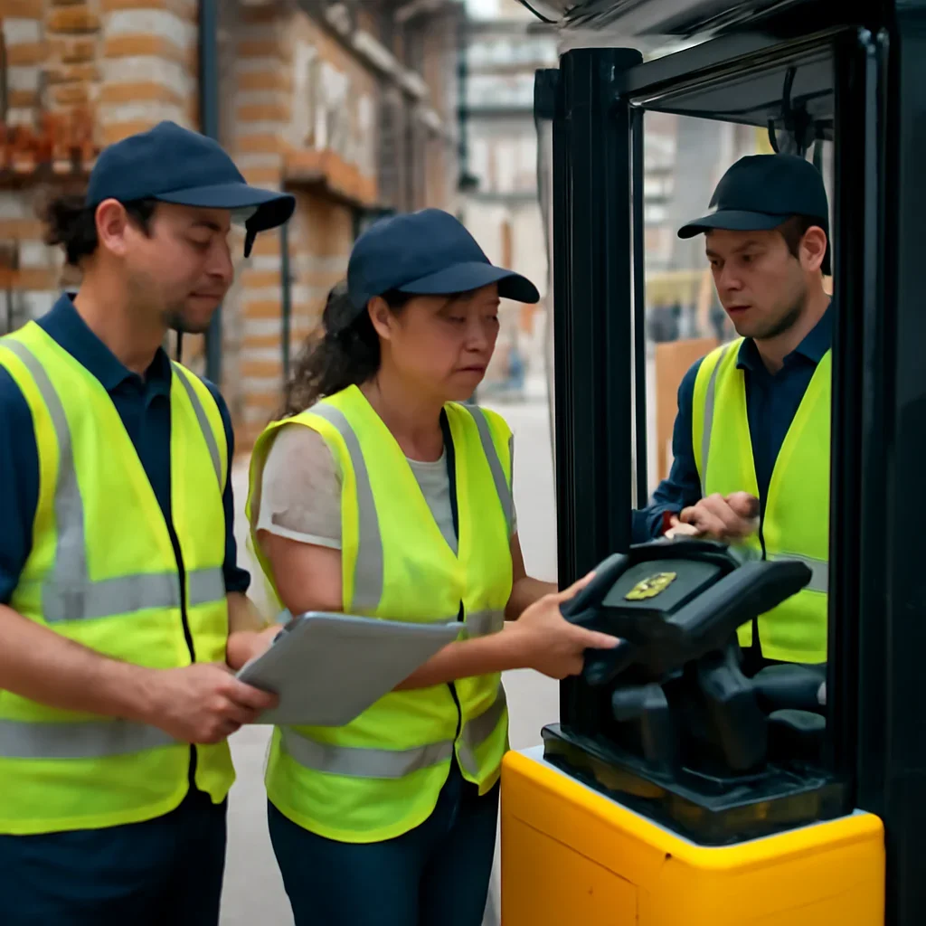 Warehouse team reviewing features details beside electric forklift equipment