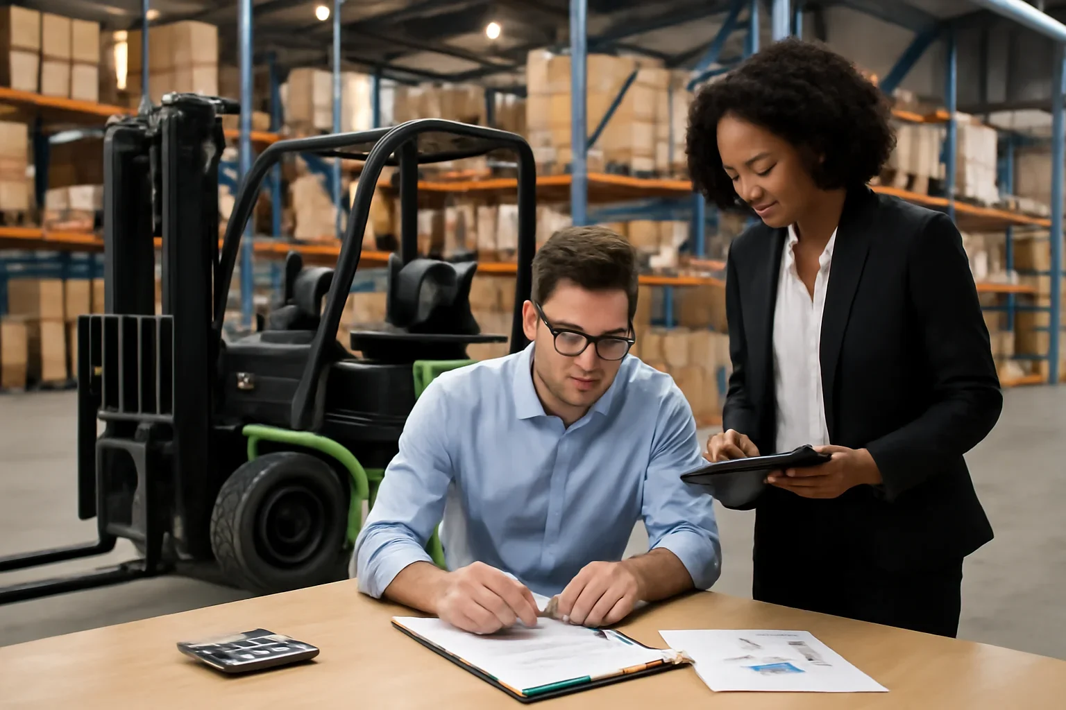 Financing planning scene with electric material handling equipment