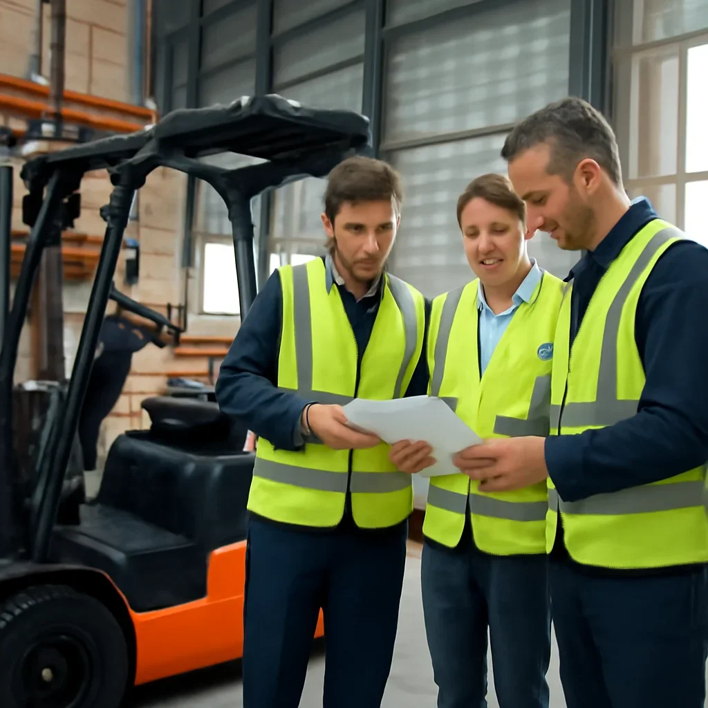 Warehouse team reviewing financing details beside electric forklift equipment