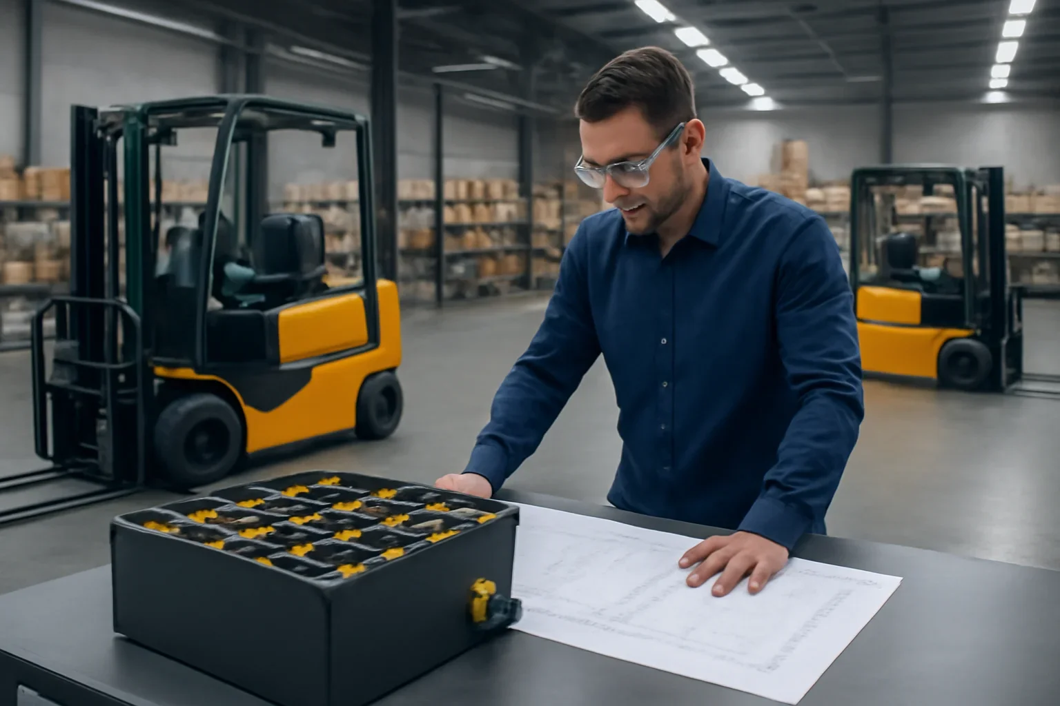 Forklift batteries planning scene with electric material handling equipment