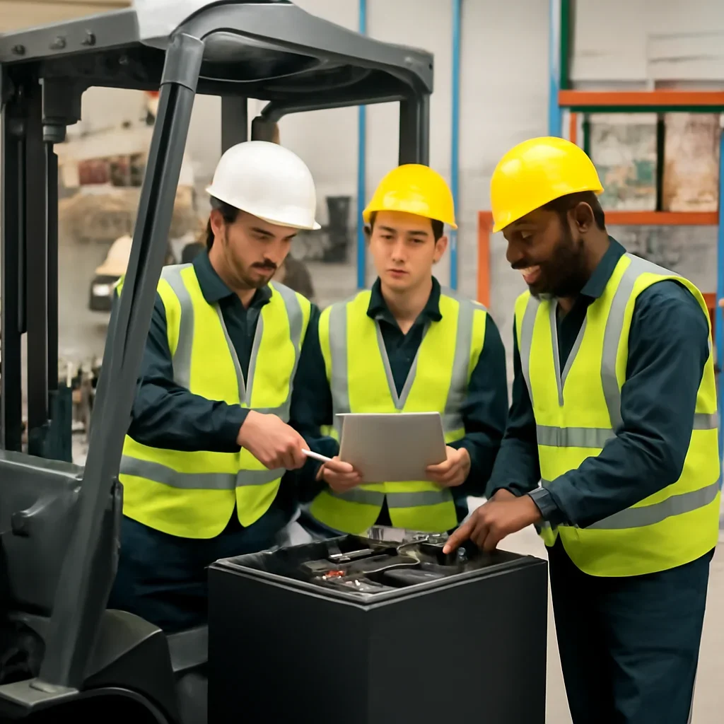 Warehouse team reviewing forklift batteries details beside electric forklift equipment