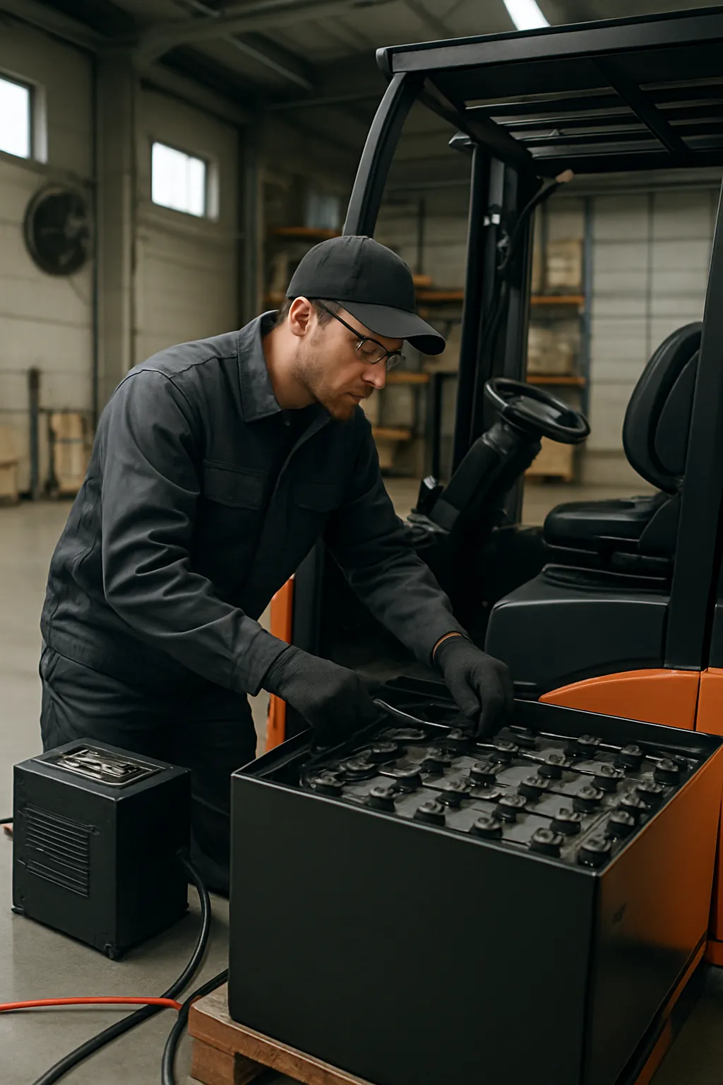 Technician reviewing electric forklift battery maintenance requirements