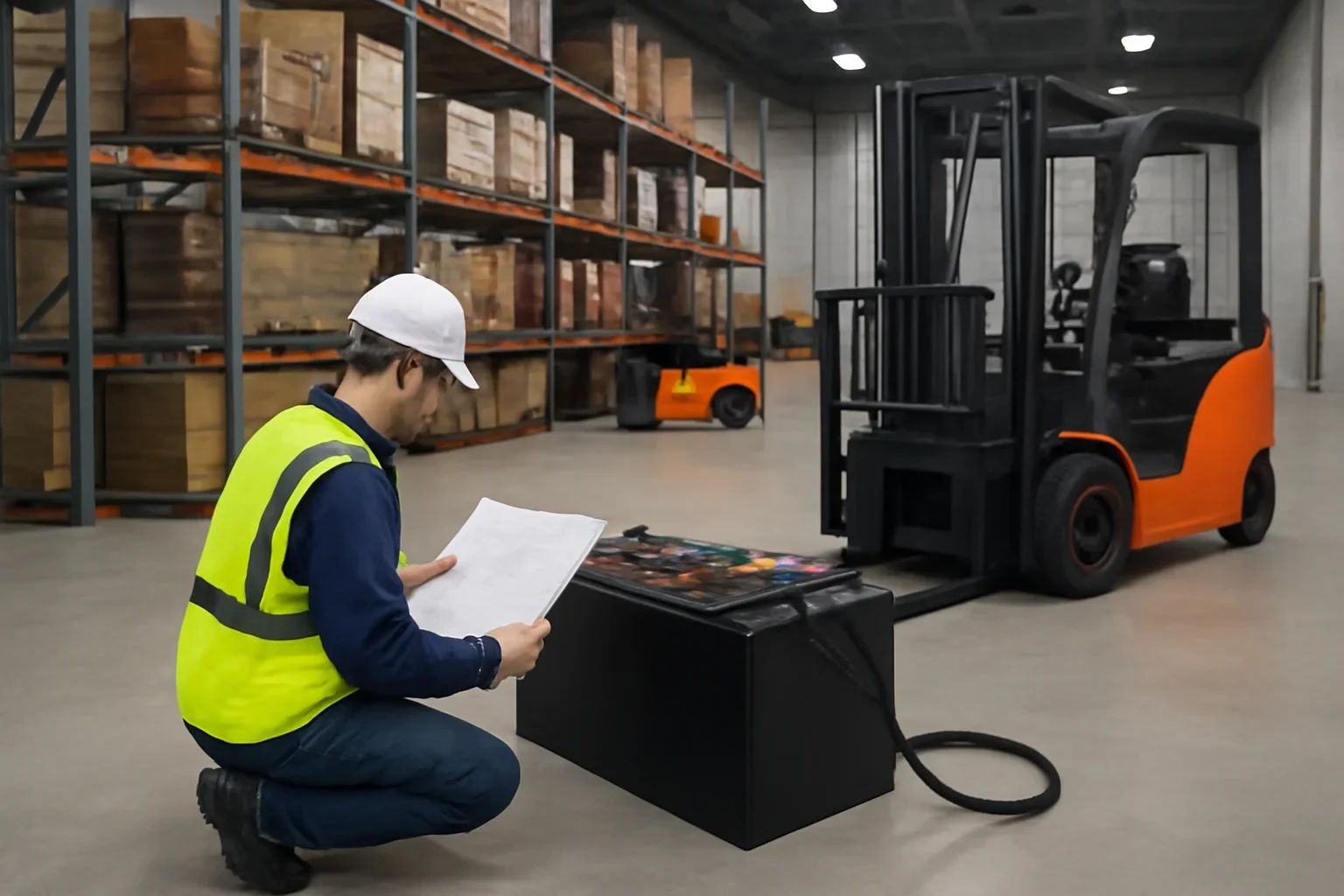 Forklift battery replacement planning scene with electric material handling equipment