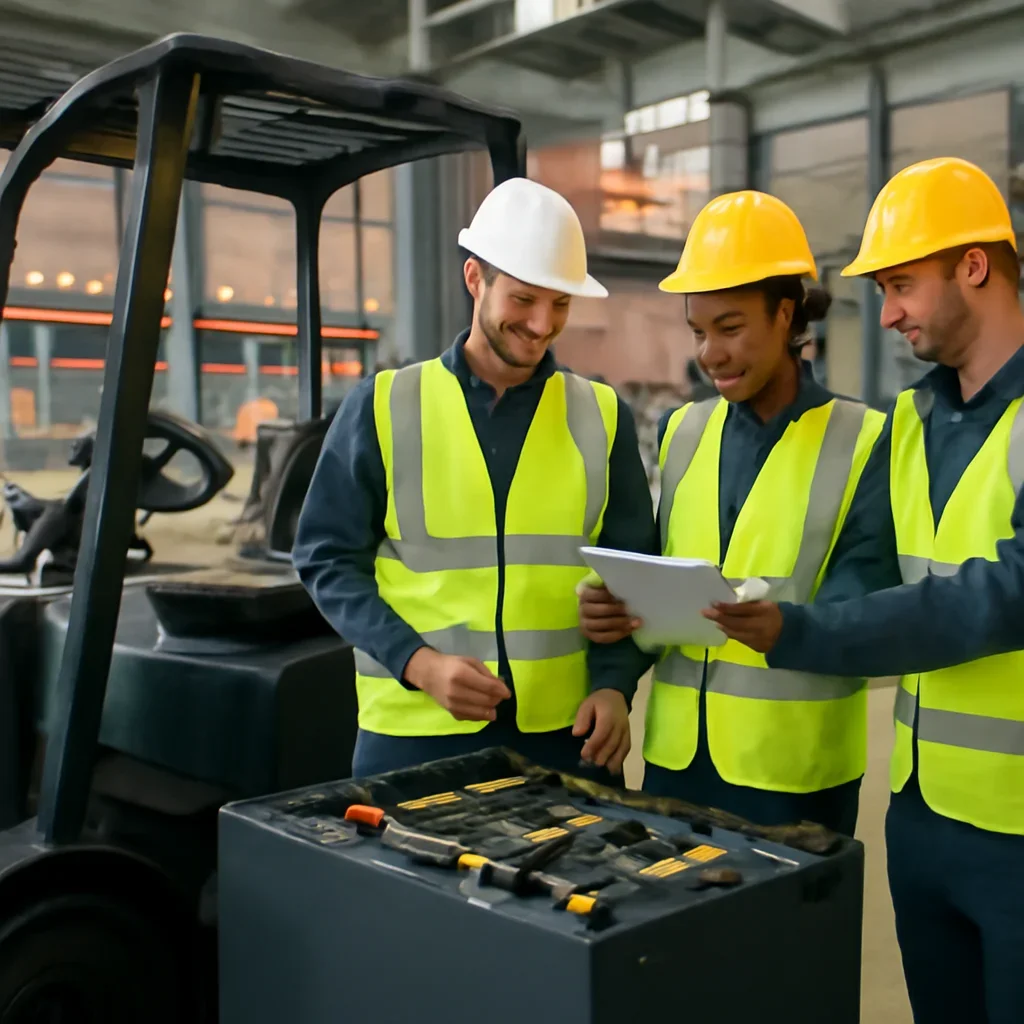 Warehouse team reviewing forklift battery replacement details beside electric forklift equipment