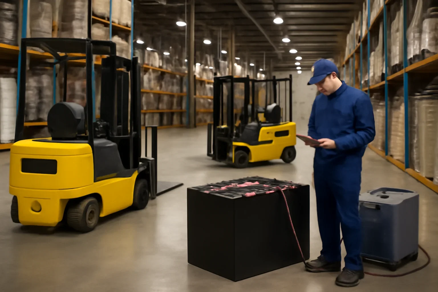 Forklift battery service planning scene with electric material handling equipment