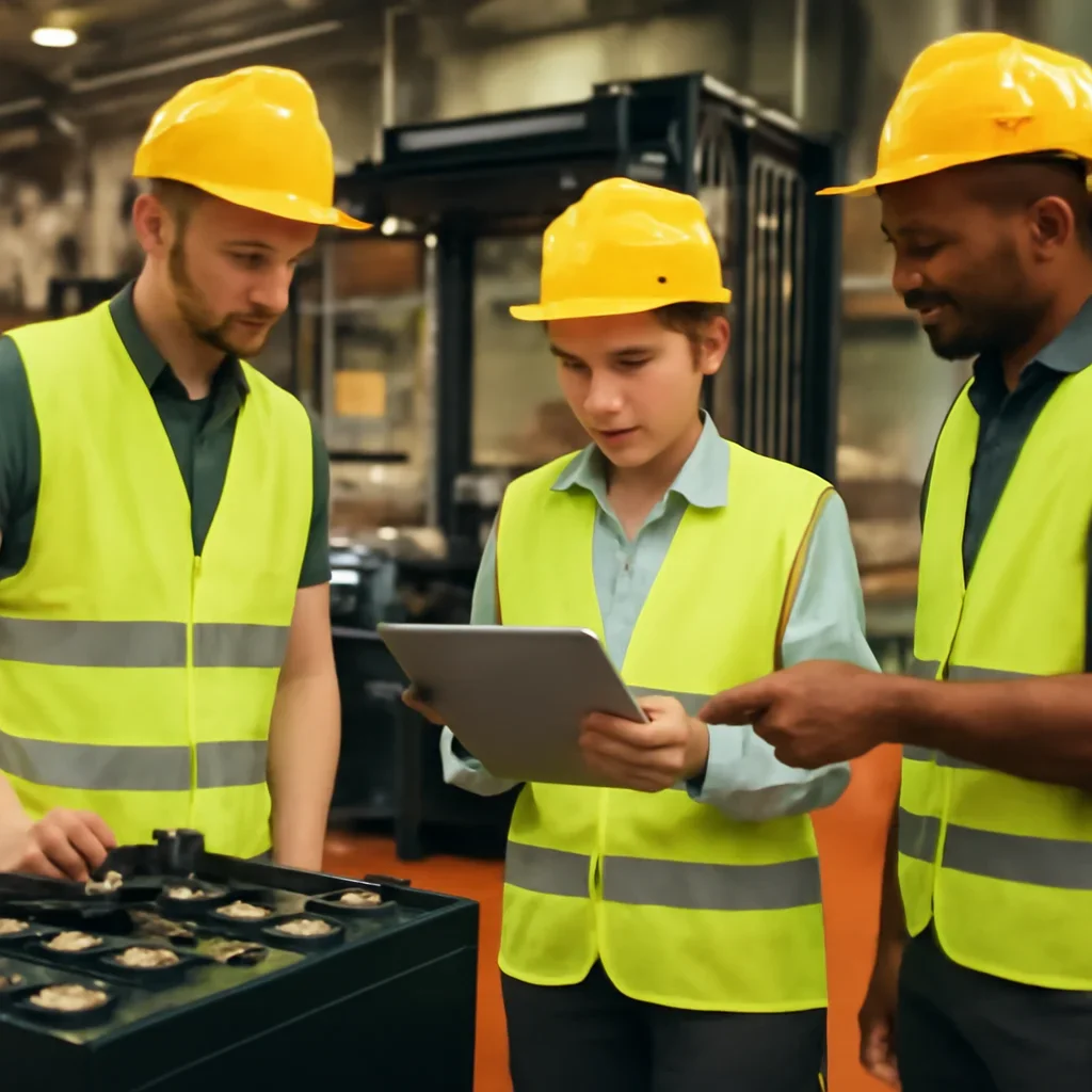 Warehouse team reviewing forklift battery service details beside electric forklift equipment