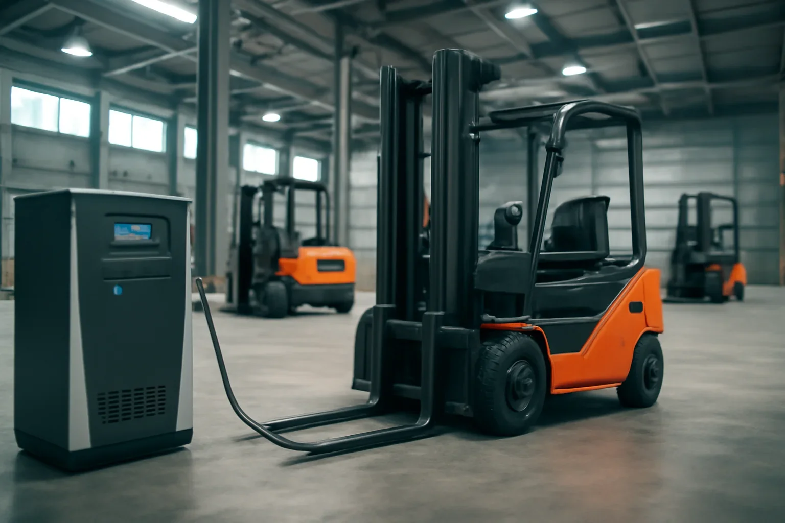 Forklift chargers planning scene with electric material handling equipment