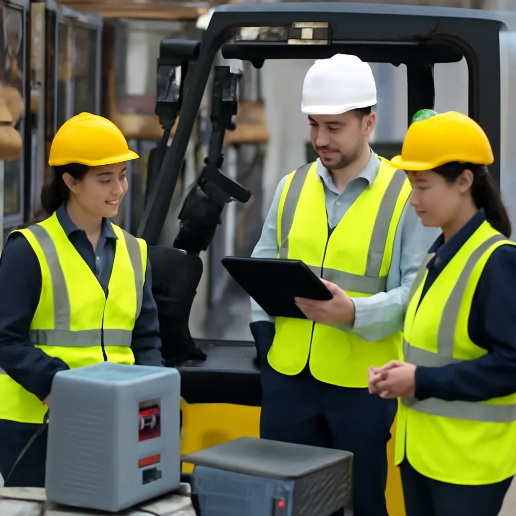 Warehouse team reviewing forklift chargers details beside electric forklift equipment