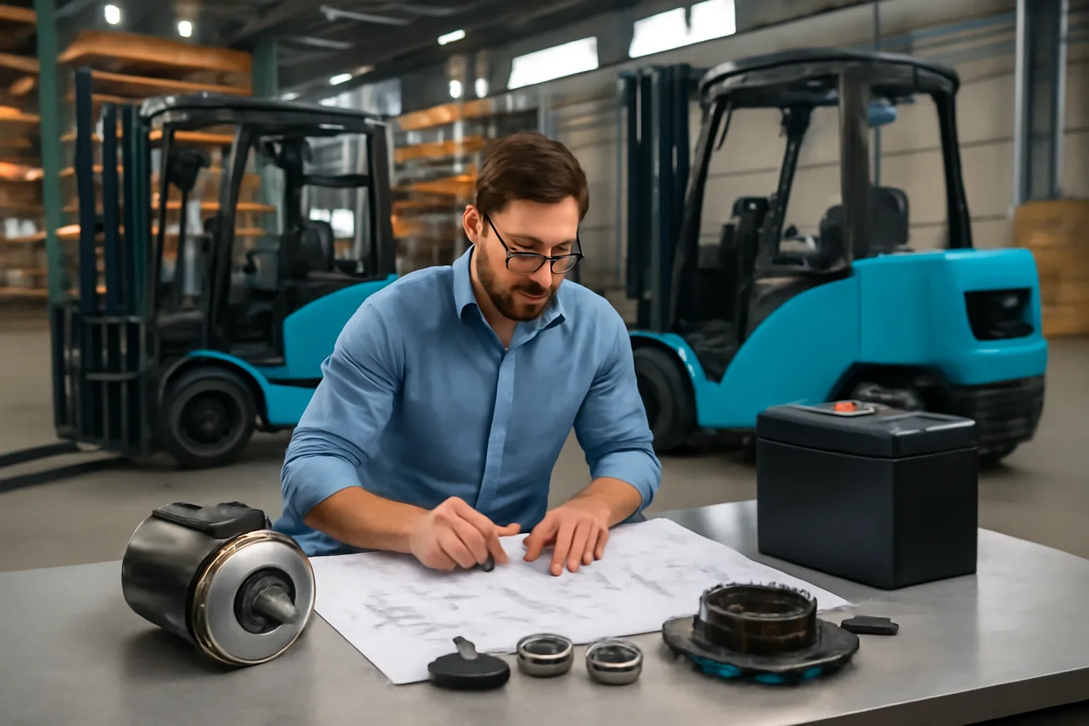 Forklift parts planning scene with electric material handling equipment