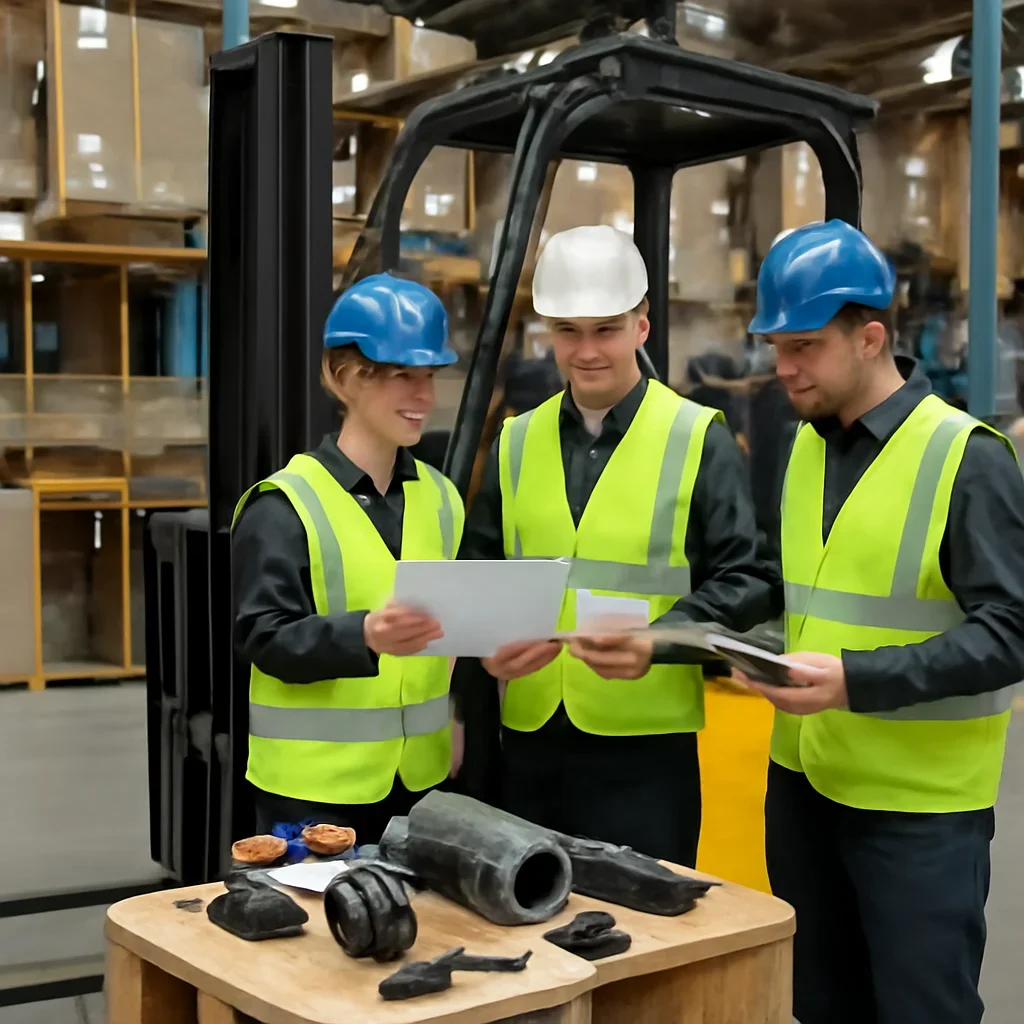 Warehouse team reviewing forklift parts details beside electric forklift equipment