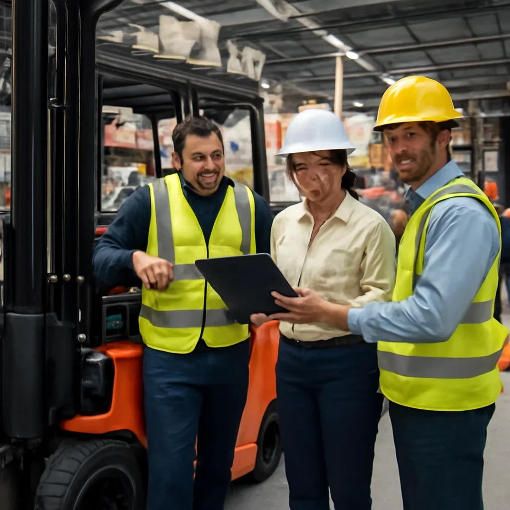 Warehouse team reviewing high-capacity electric forklifts details beside electric forklift equipment