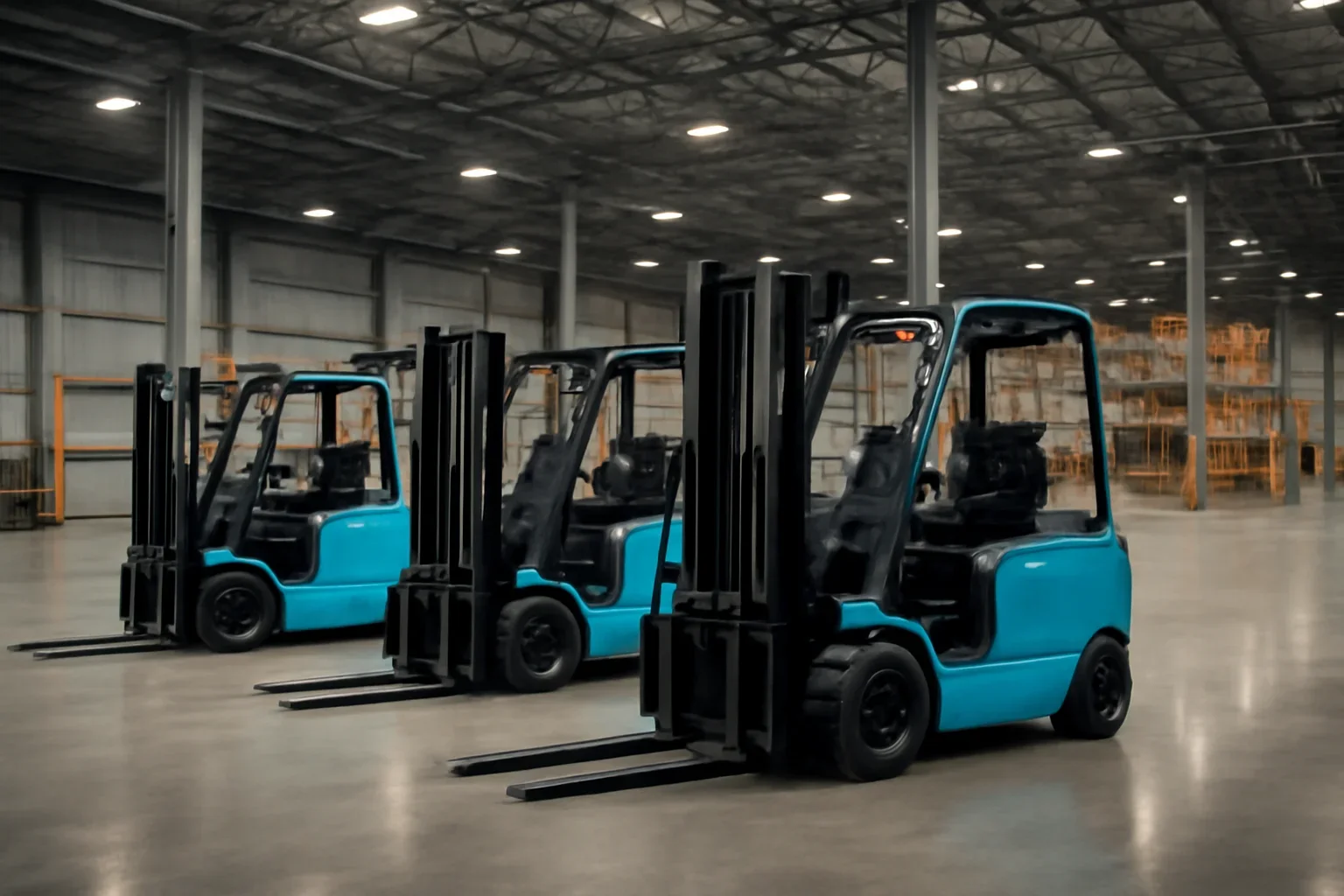Electric forklifts staged in a Houston warehouse