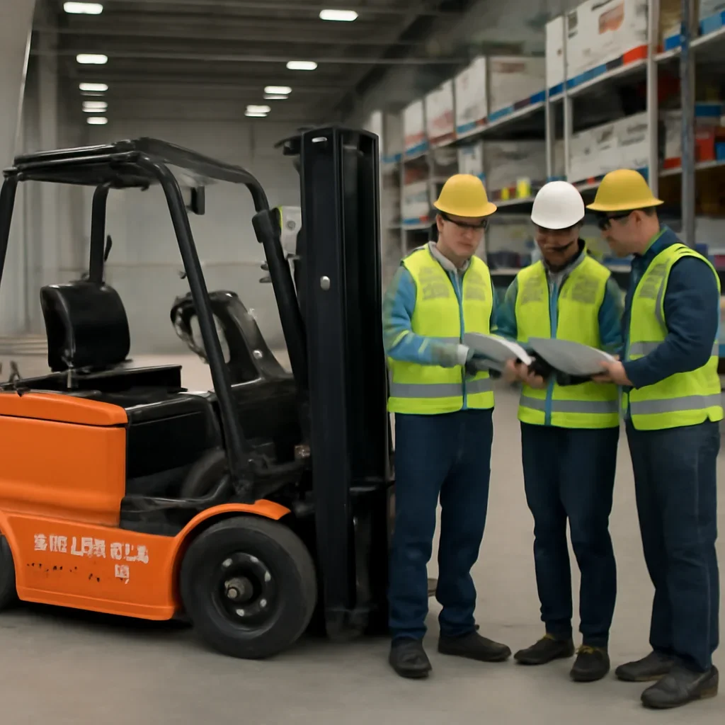 Warehouse team reviewing houston electric forklifts details beside electric forklift equipment