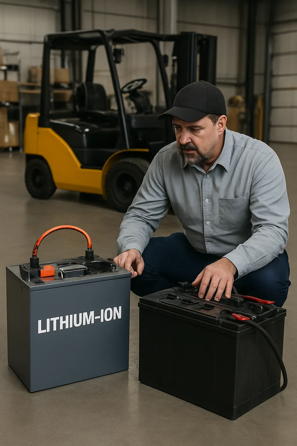 Houston warehouse manager comparing lithium-ion and lead-acid forklift batteries