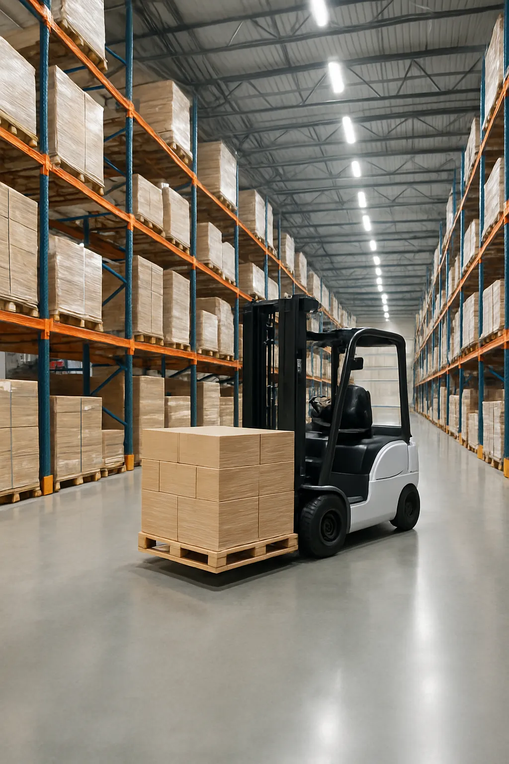 Electric forklift operating inside a clean modern warehouse