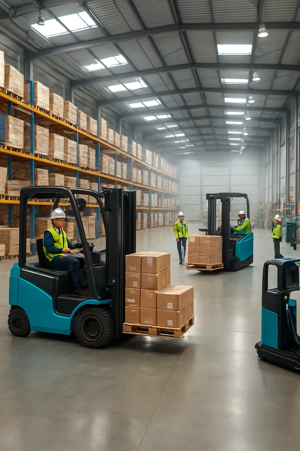 Modern electric forklift fleet inside a clean and efficient warehouse