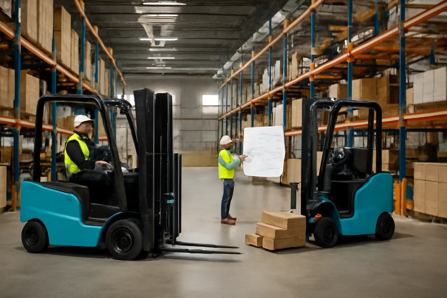 Logistics & 3pl planning scene with electric material handling equipment
