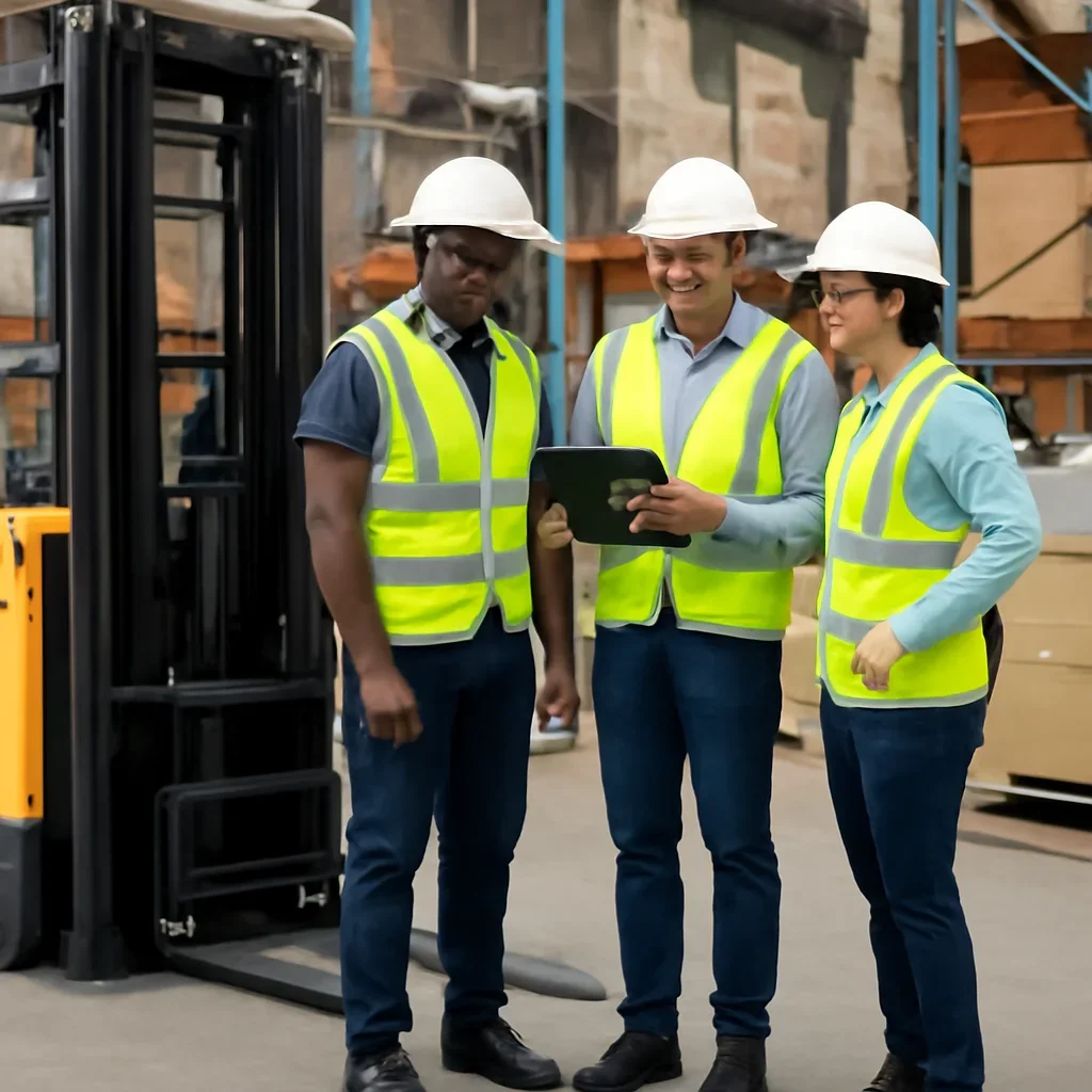 Warehouse team reviewing logistics & 3pl details beside electric forklift equipment
