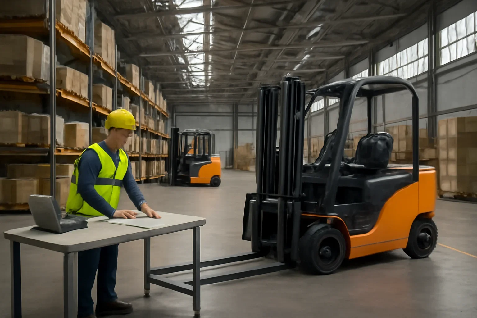 Manufacturing planning scene with electric material handling equipment