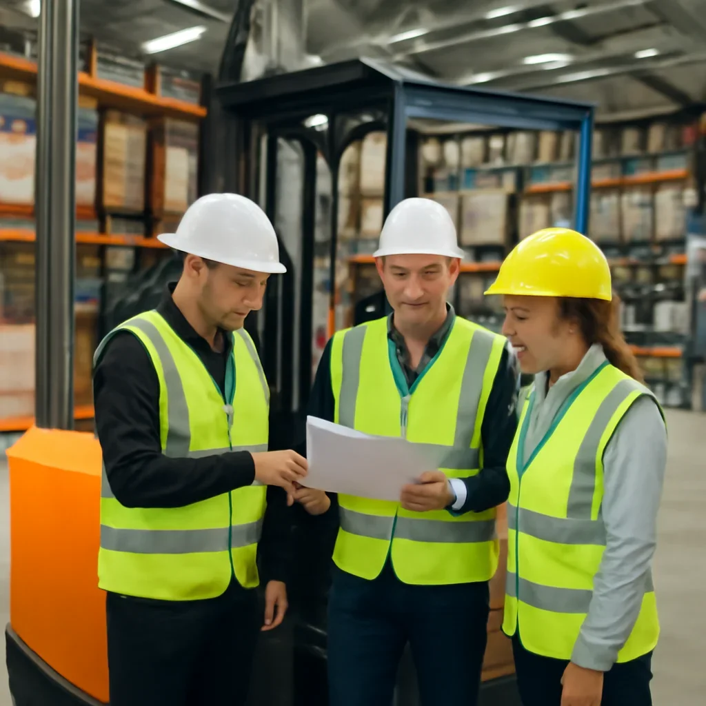 Warehouse team reviewing manufacturing details beside electric forklift equipment