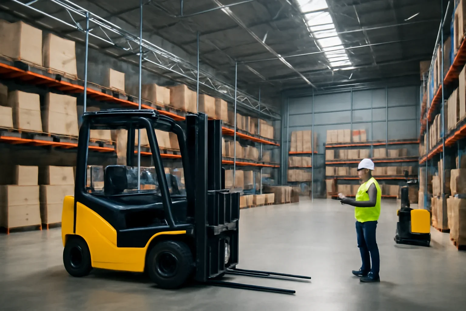 Warehousing planning scene with electric material handling equipment