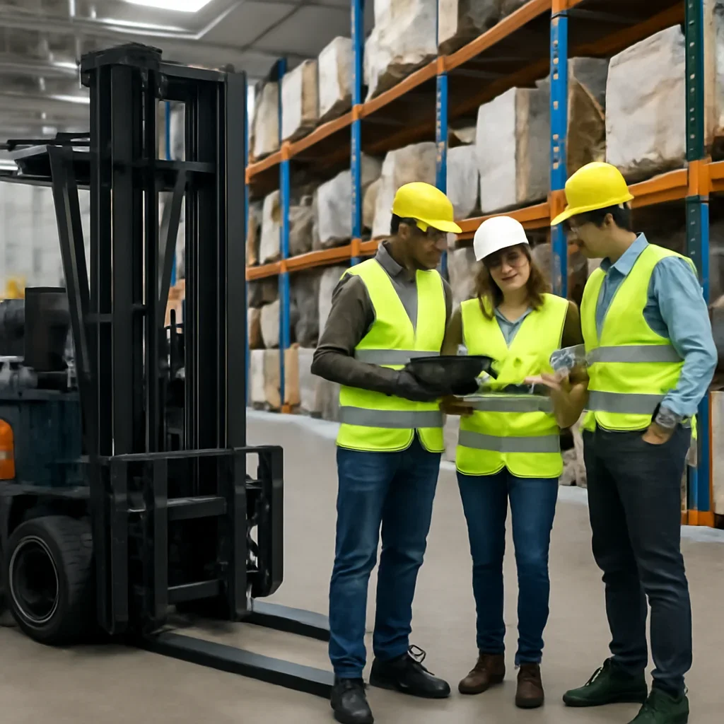 Warehouse team reviewing warehousing details beside electric forklift equipment