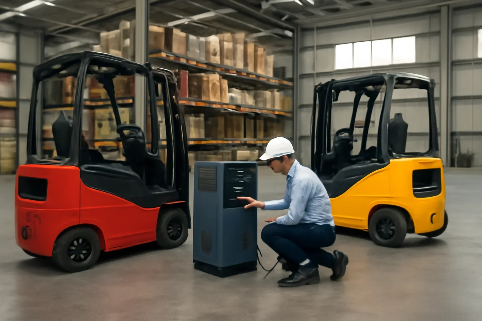 Battery chargers integration planning scene with electric material handling equipment