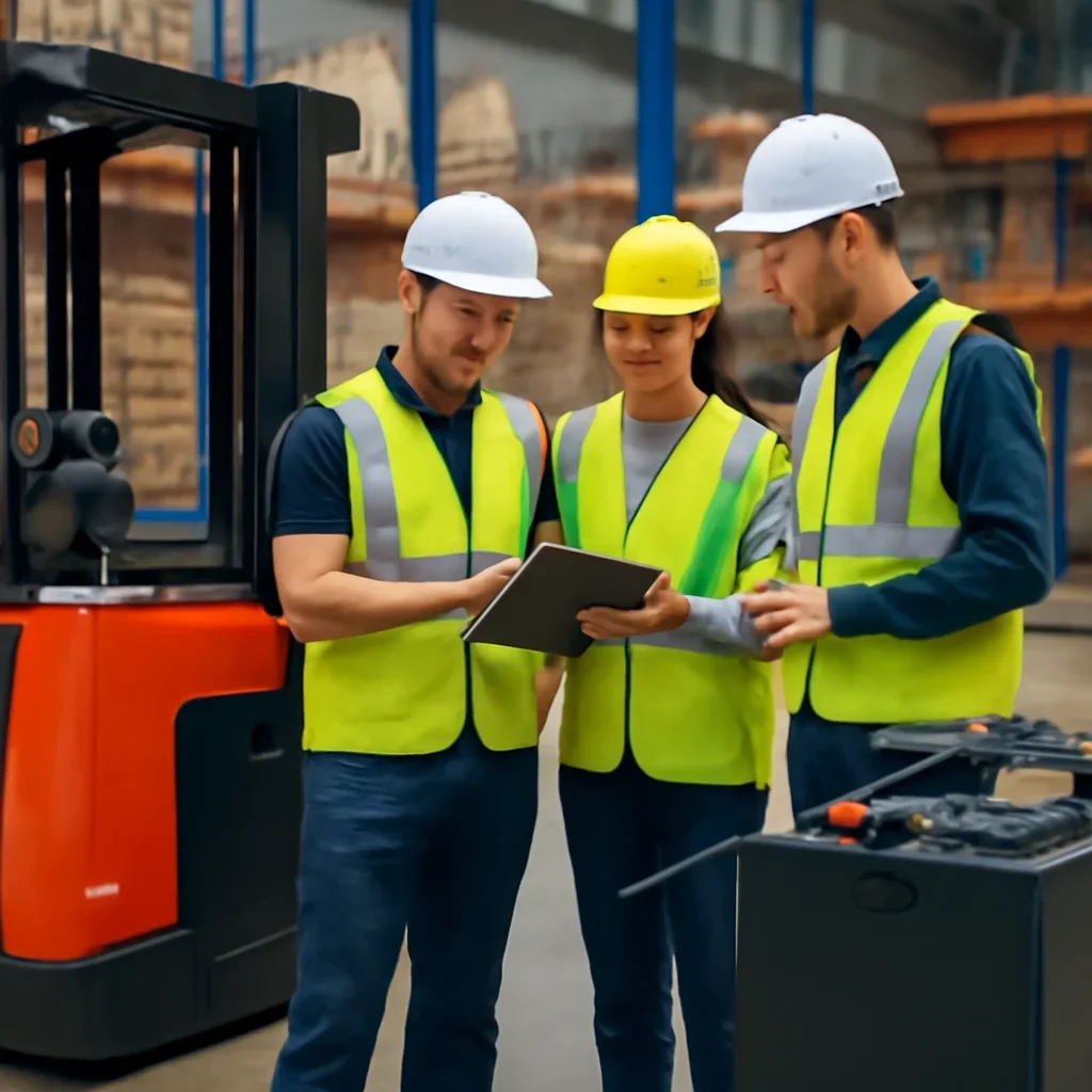 Warehouse team reviewing battery chargers integration details beside electric forklift equipment