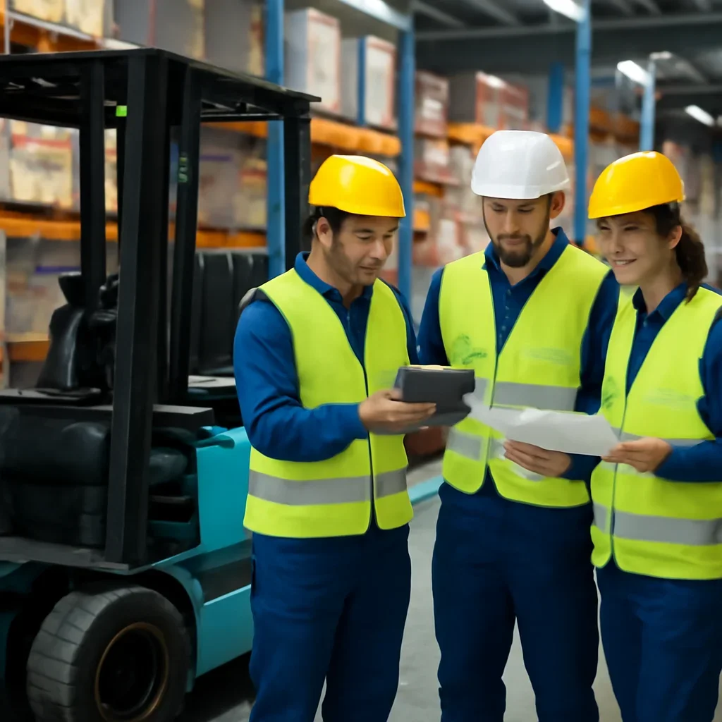 Warehouse team reviewing integrations details beside electric forklift equipment