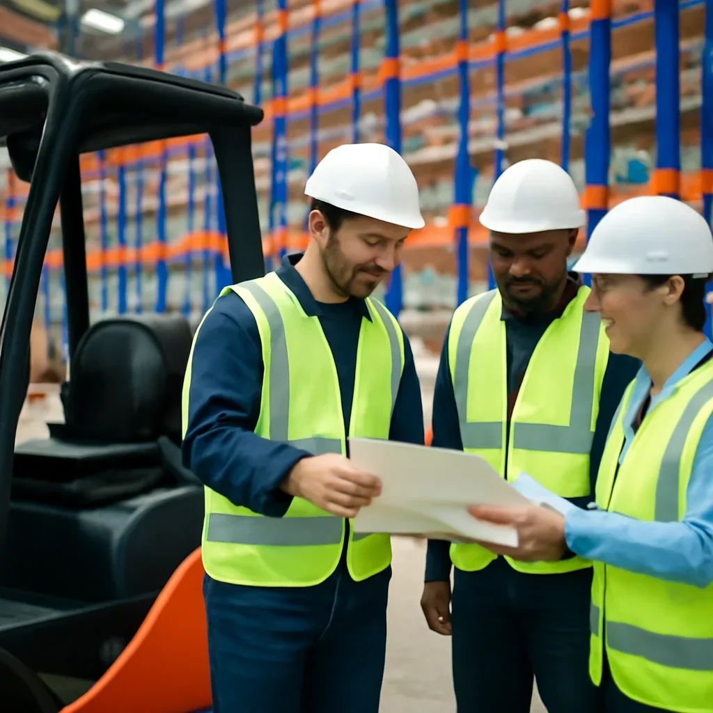 Warehouse team reviewing racking & storage integration details beside electric forklift equipment