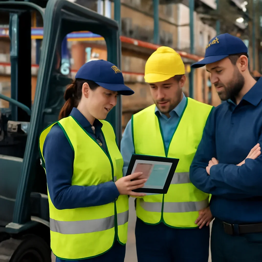 Warehouse team reviewing telematics details beside electric forklift equipment
