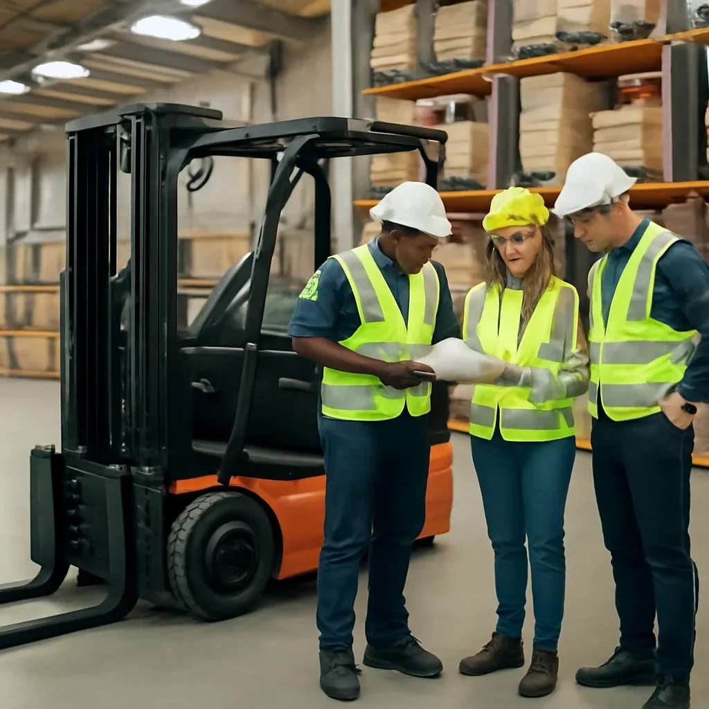 Warehouse team reviewing katy electric forklift rentals details beside electric forklift equipment