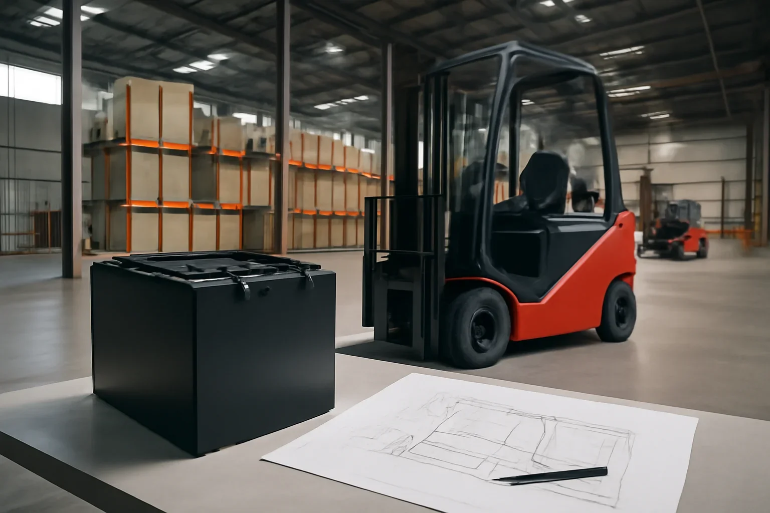 Lead-acid forklift batteries planning scene with electric material handling equipment