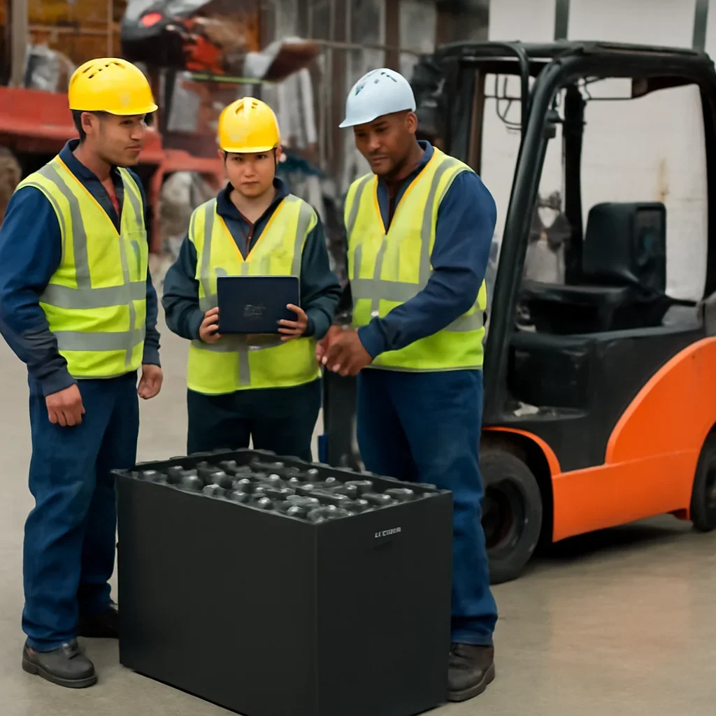 Warehouse team reviewing lead-acid forklift batteries details beside electric forklift equipment
