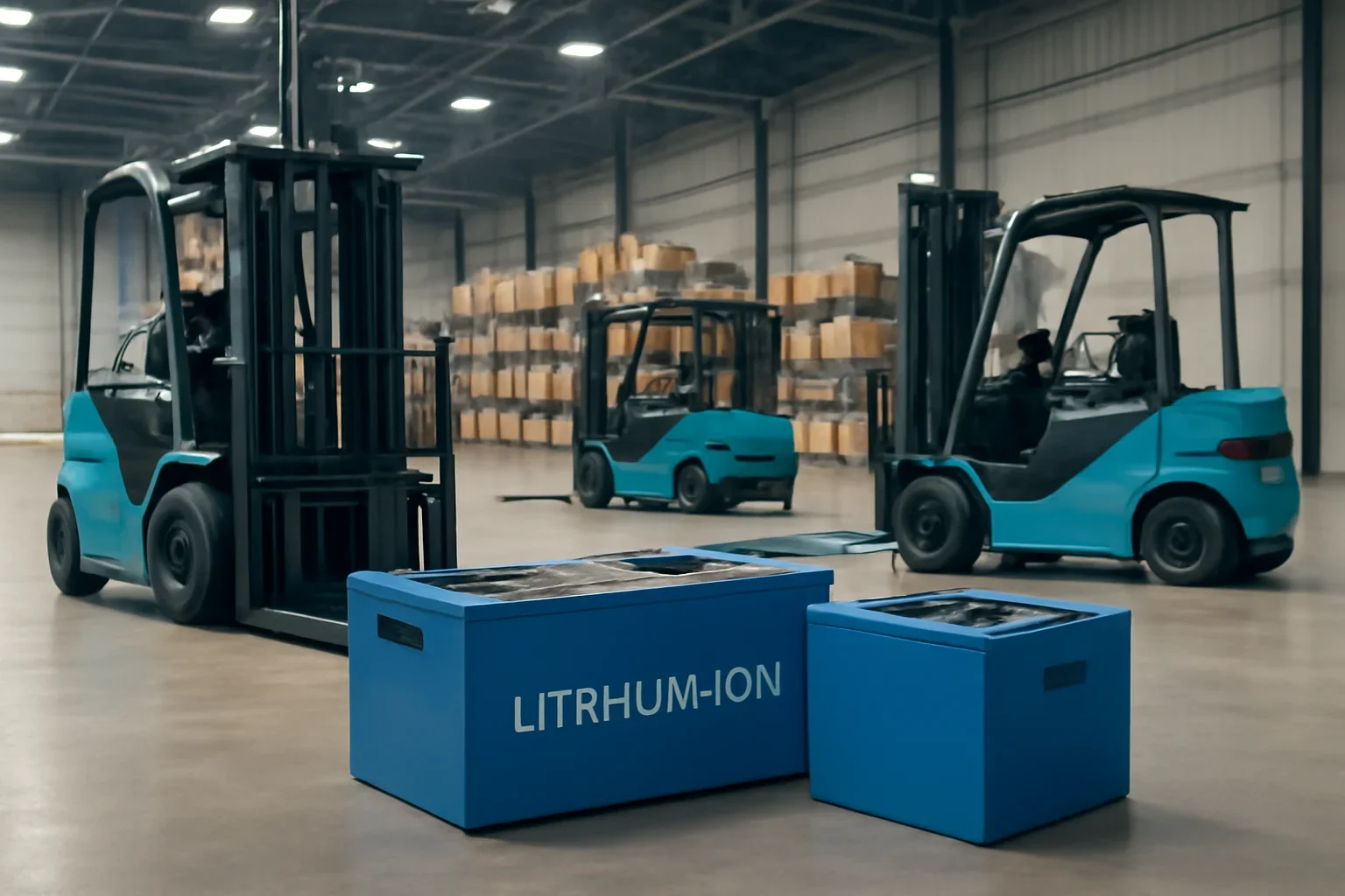 Lithium-ion forklift batteries planning scene with electric material handling equipment