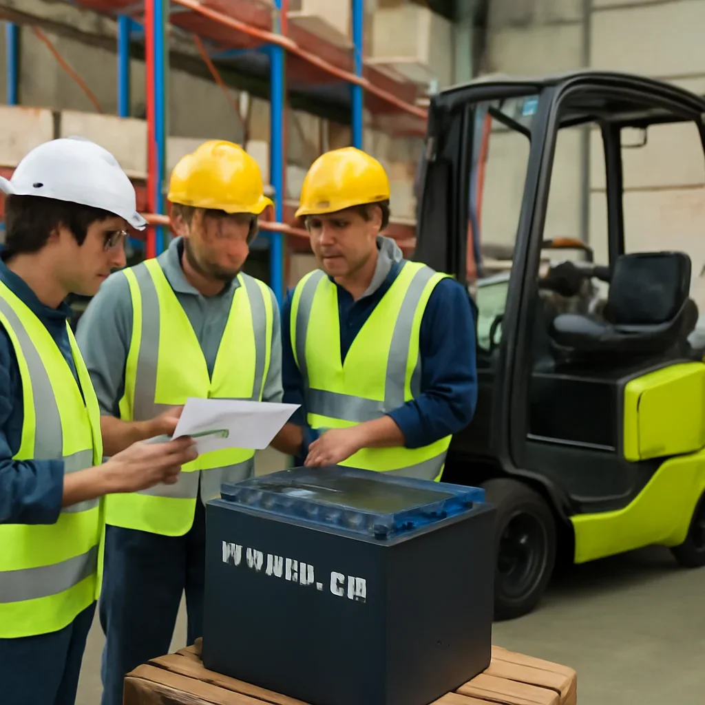 Warehouse team reviewing lithium-ion forklift batteries details beside electric forklift equipment