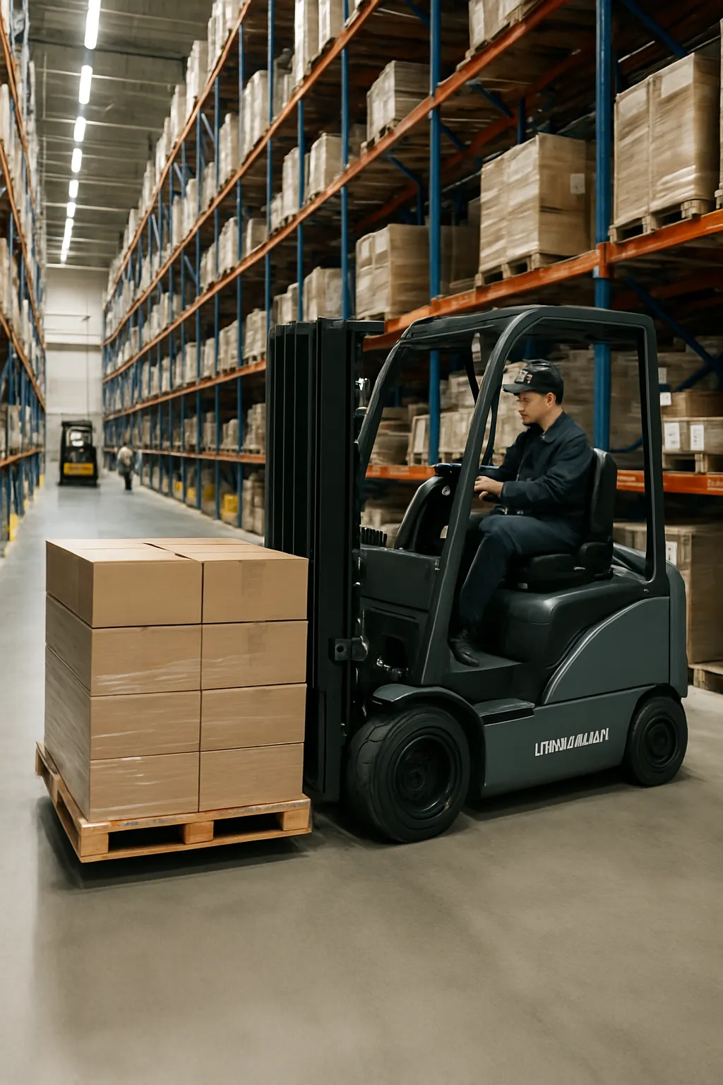 Lithium-ion electric forklift operating in a high-volume warehouse