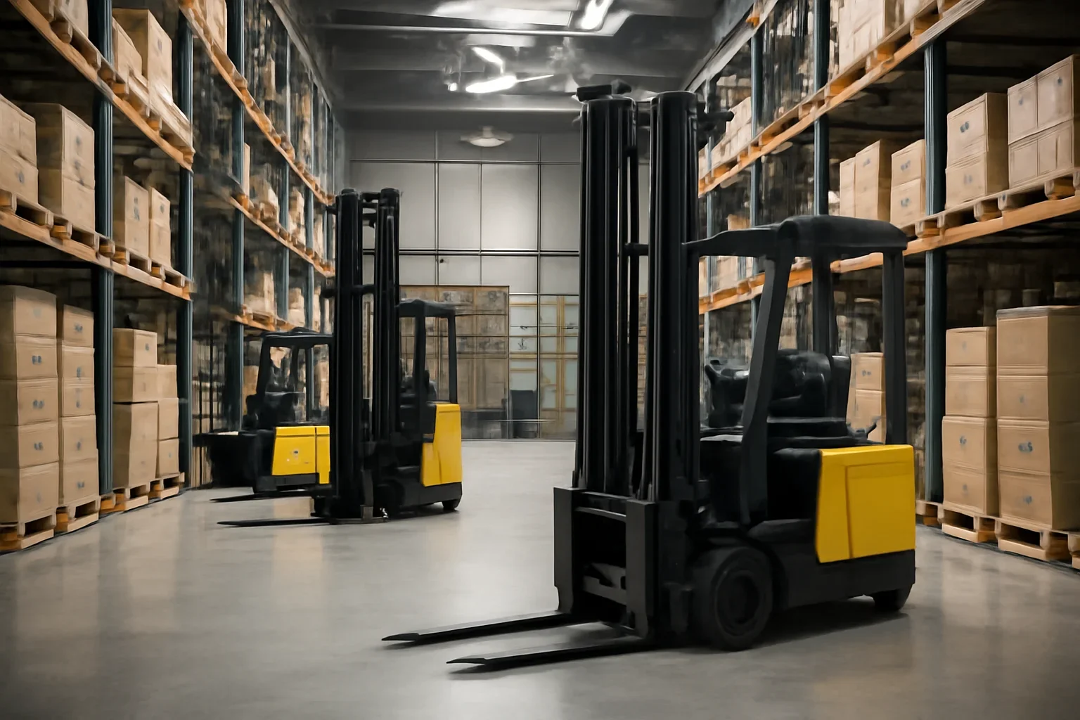 Narrow aisle forklifts planning scene with electric material handling equipment
