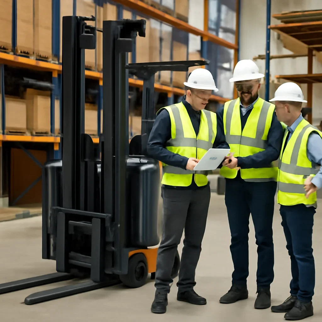 Warehouse team reviewing narrow aisle forklifts details beside electric forklift equipment