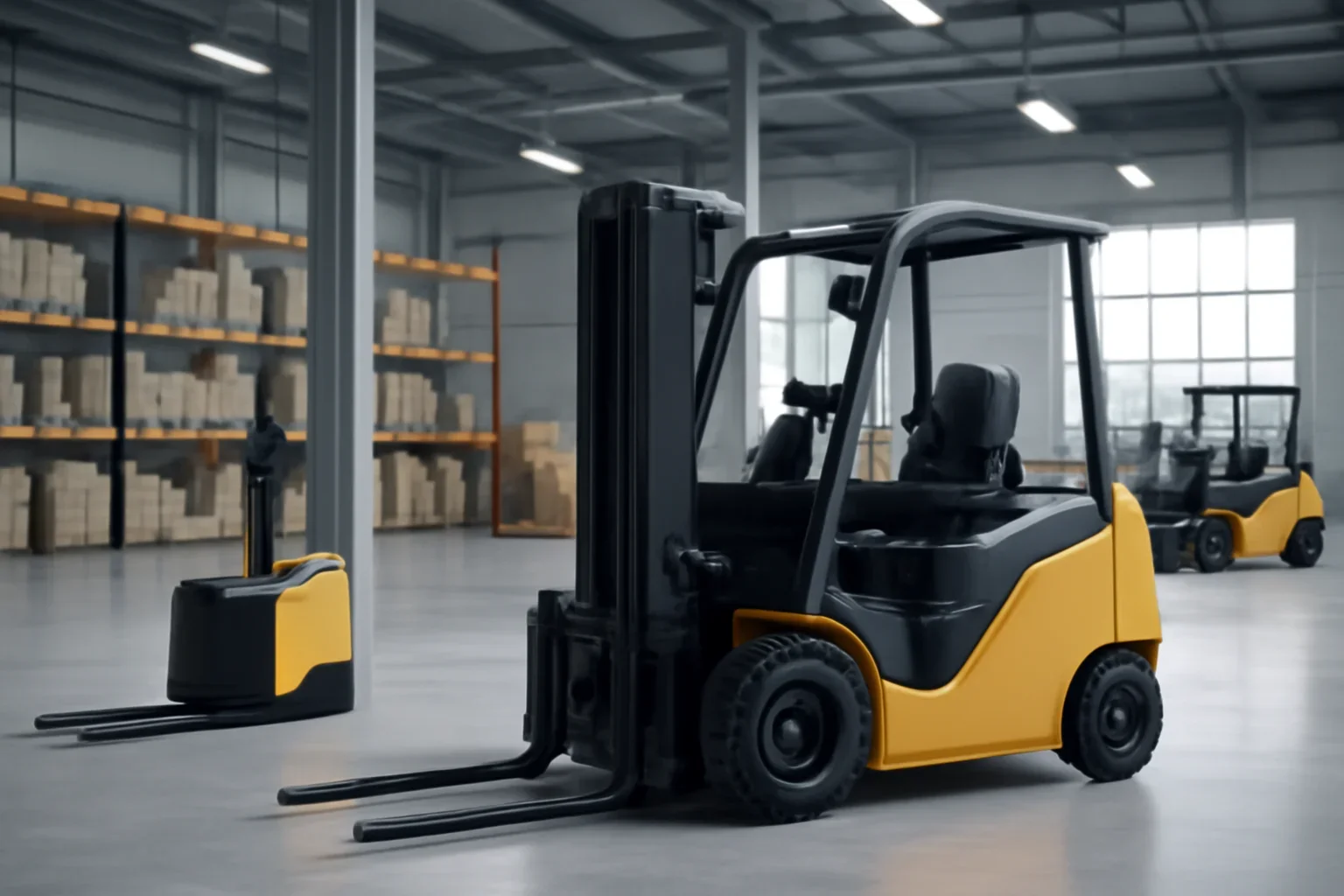New electric forklifts planning scene with electric material handling equipment
