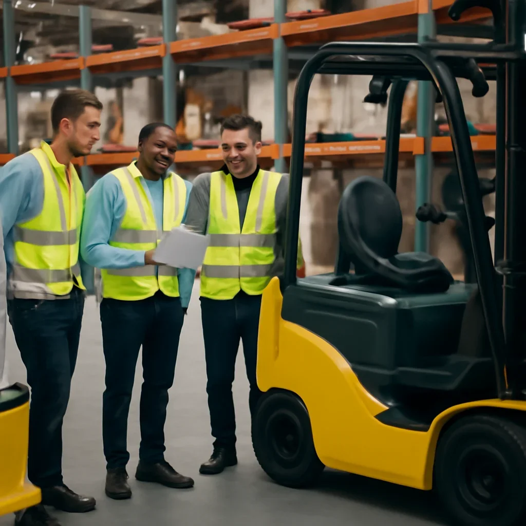 Warehouse team reviewing new electric forklifts details beside electric forklift equipment