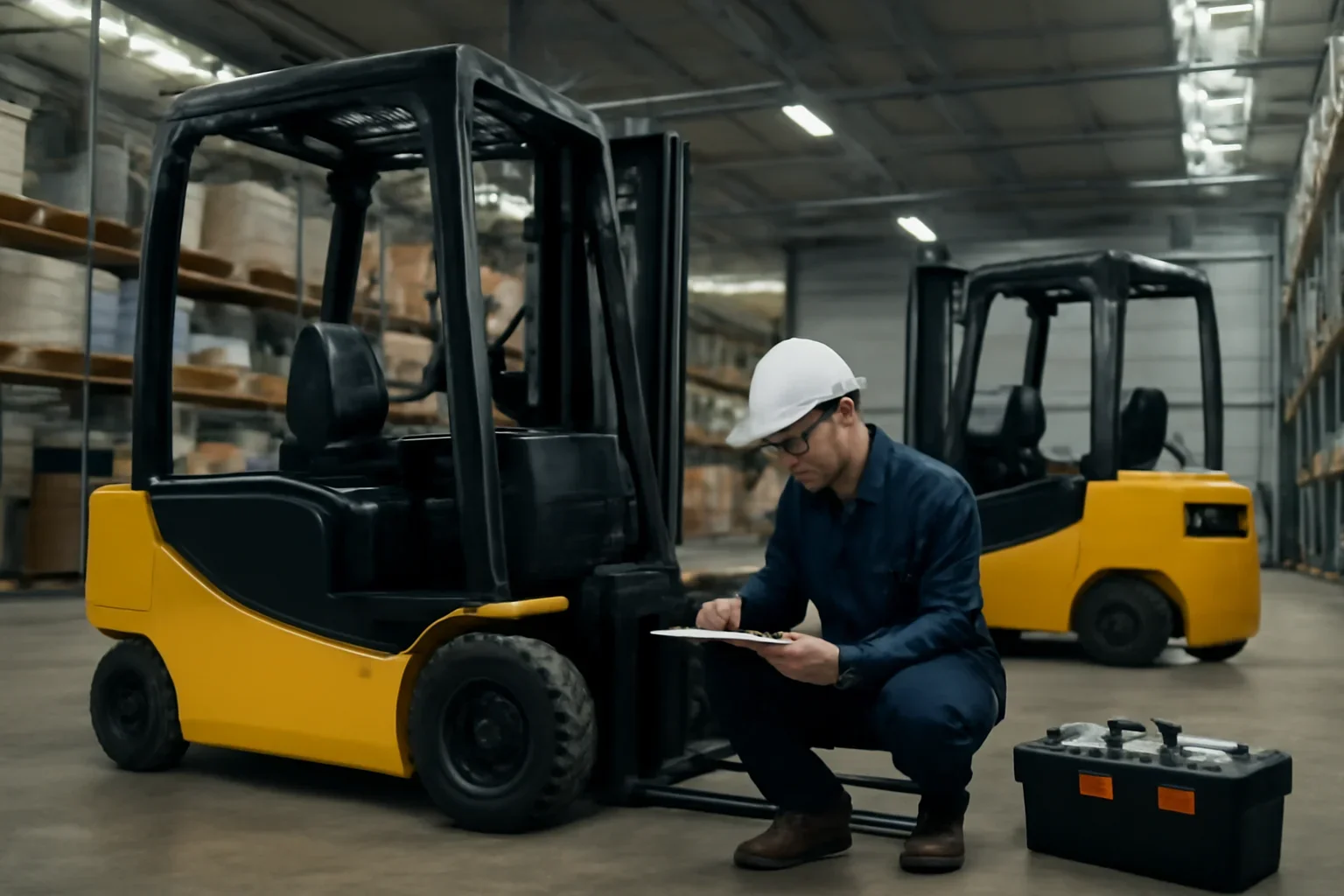 Onsite forklift repair planning scene with electric material handling equipment