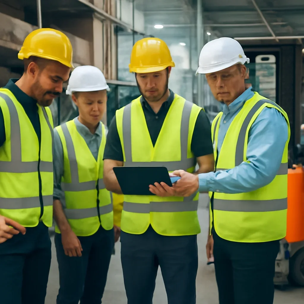 Warehouse team reviewing onsite forklift repair details beside electric forklift equipment