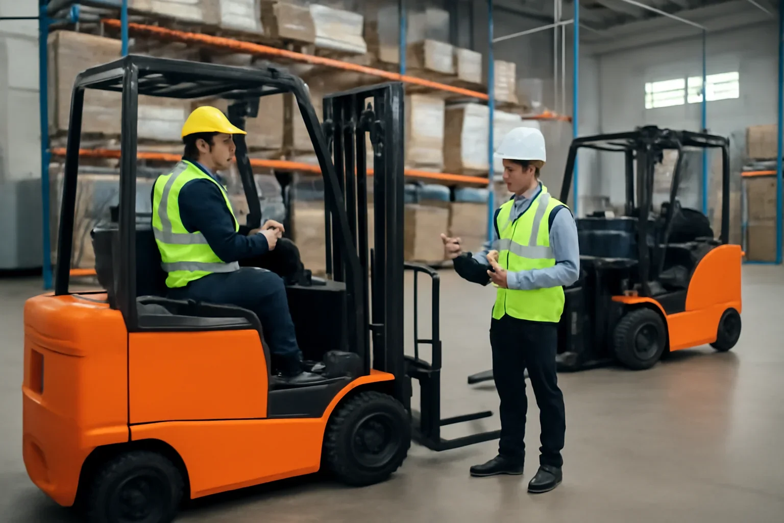 Operator training planning scene with electric material handling equipment