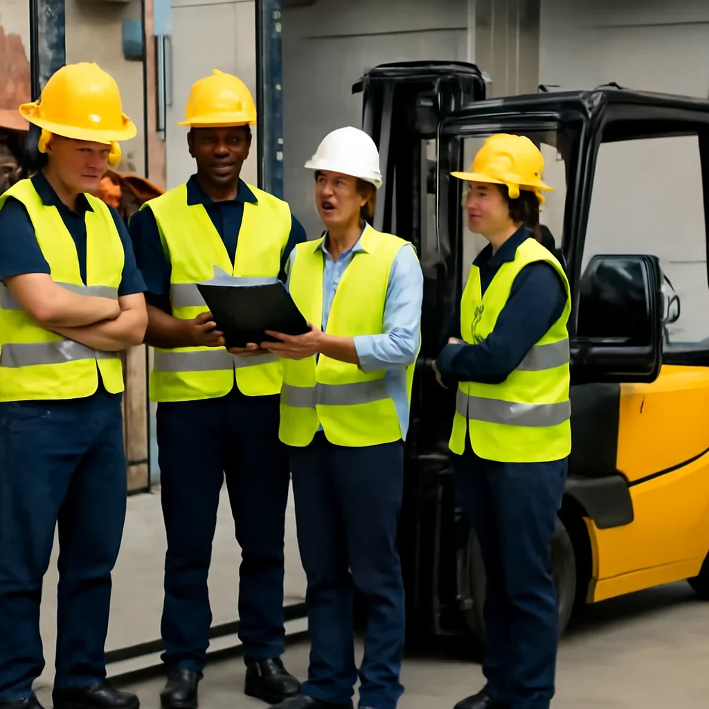 Warehouse team reviewing operator training details beside electric forklift equipment