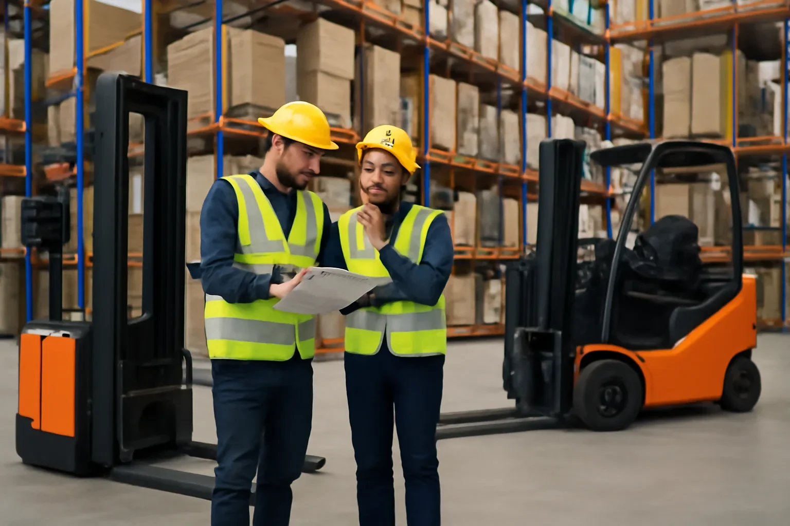 Order pickers planning scene with electric material handling equipment