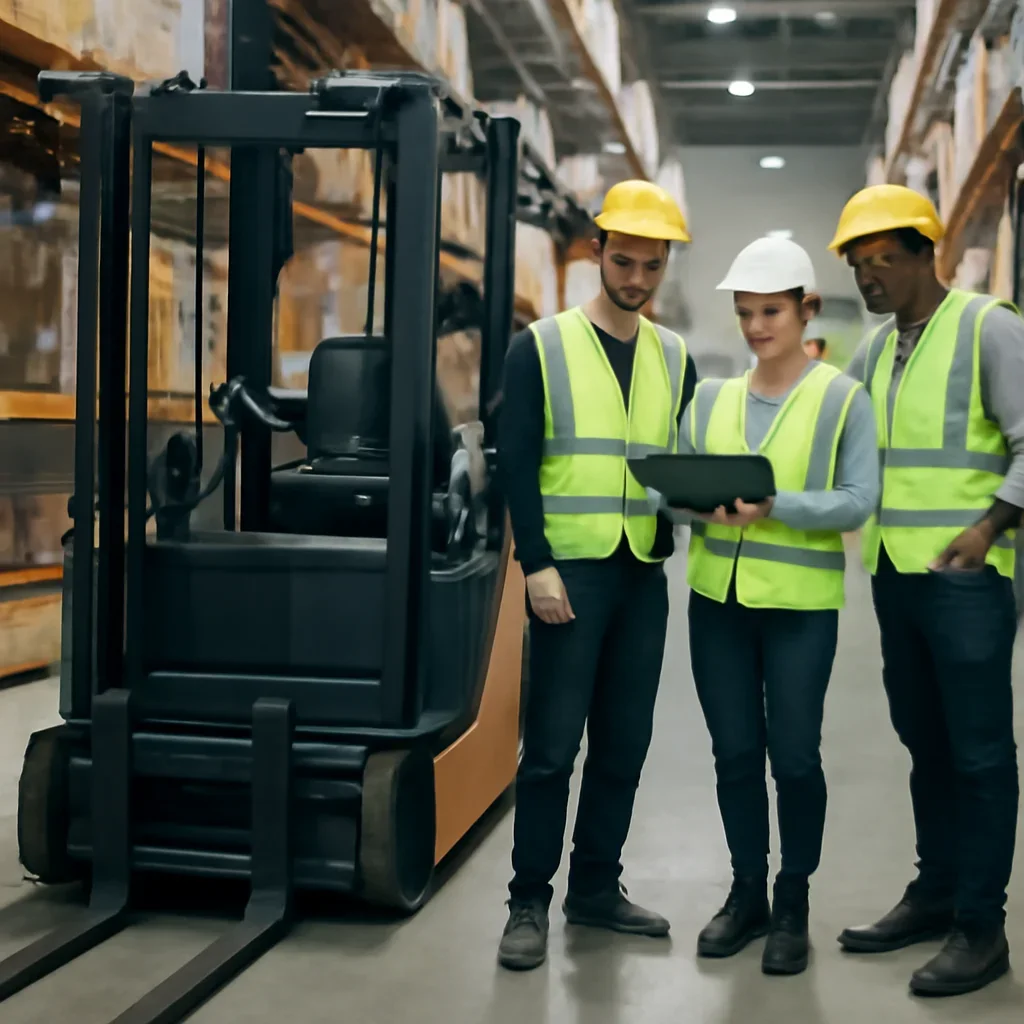Warehouse team reviewing order pickers details beside electric forklift equipment