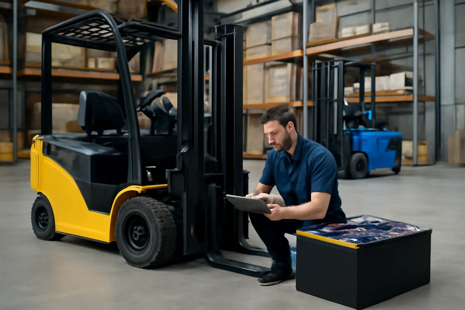 Pasadena forklift battery service planning scene with electric material handling equipment