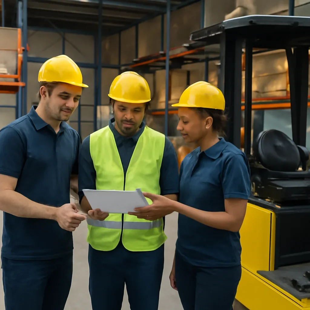 Warehouse team reviewing pasadena forklift battery service details beside electric forklift equipment
