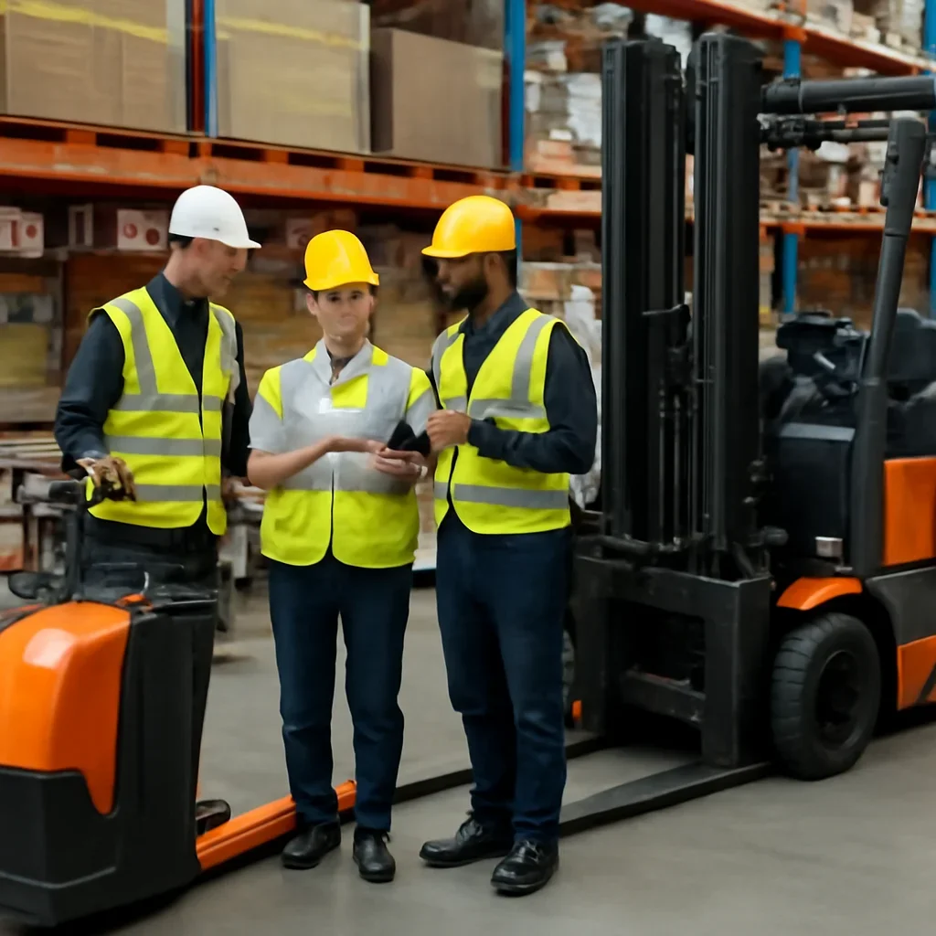 Warehouse team reviewing pearland electric pallet jacks details beside electric forklift equipment